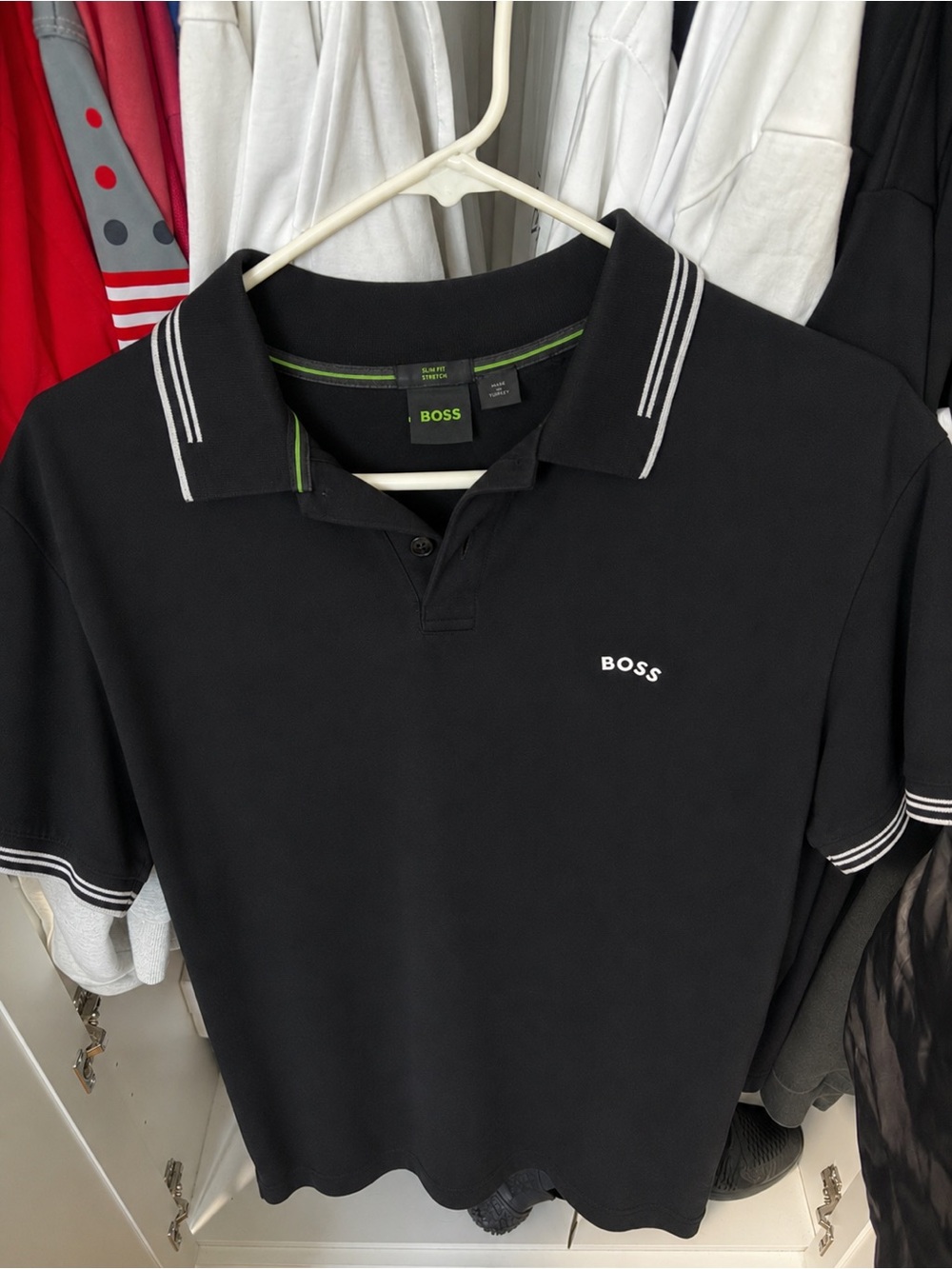 BOSS Men's Black Polo with White Contrast Trim